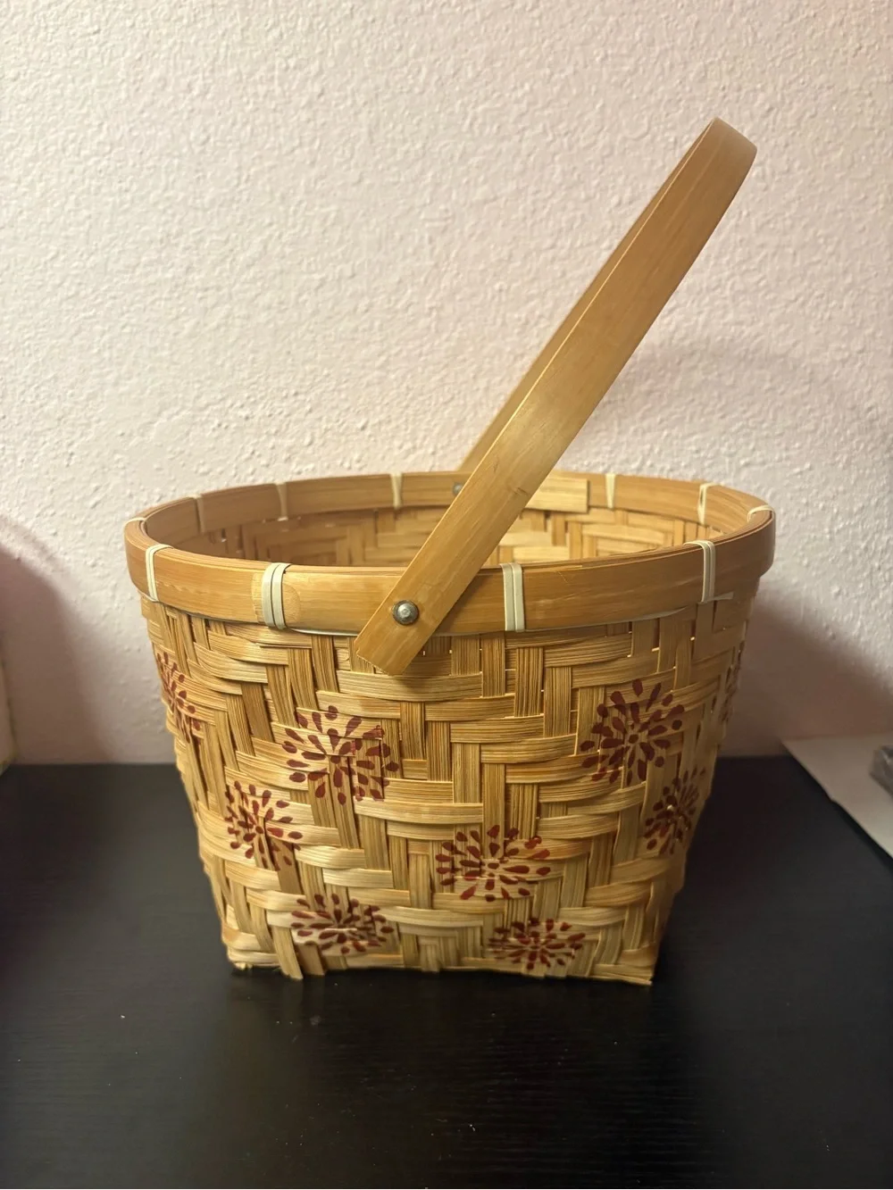 Woven Bamboo Basket Red Floral Handle Cottagecore Farmhouse Decor